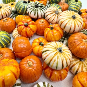 May include: A collection of small, decorative pumpkins in various colours including bright orange, white with green stripes, and dark green. Each pumpkin features a ribbed texture and a small stem at the top, creating a dense, mixed assortment.
