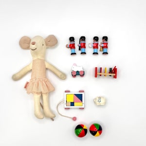 Selection of dollhouse miniatures, toys scaled to fit Maileg Mouse. dollhouse nursery items, Maileg Mouse inspired.