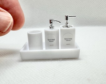 Dollhouse Bathroom Set White: 2 Miniature pump Soap/lotion dispensers , cup  and tray- 1/6 Scale