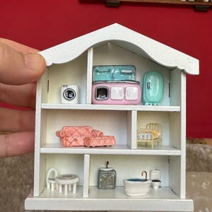 Miniature Dollhouse furniture for 1.66th scale bookshelf dollhouse for Maileg Mice.