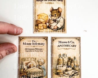 Set of 3 vintage Dollhouse Hospital posters. Inspired by Maileg Mouse.
