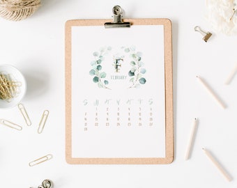 2021 Printable Monthly Calendar • Printable Watercolor Eucalyptus Floral Hanging Wall Calendar • Printable Watercolor Desk Calendar