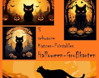 Trois cartes de vœux et cartes d'invitation pour la fête d'Halloween AI, fichiers jpg et png en résolution d'impression. Motif chat noir avec citrouilles.