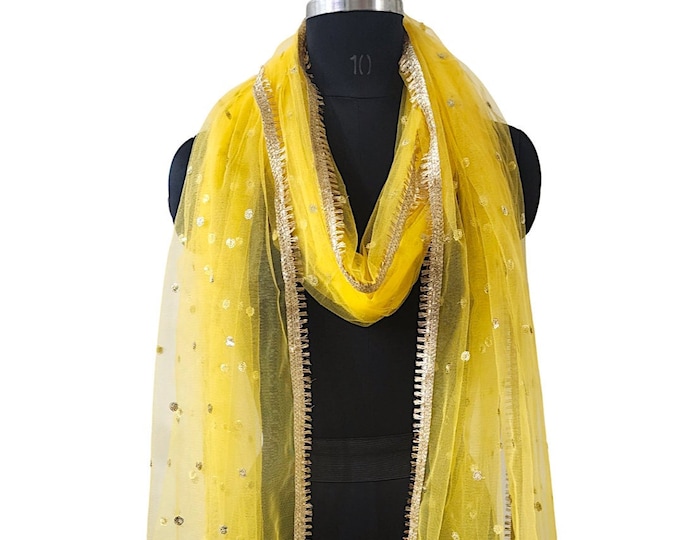 Yellow Sequin Embroidered Net Dupatta, Wedding Bridal Shawl
