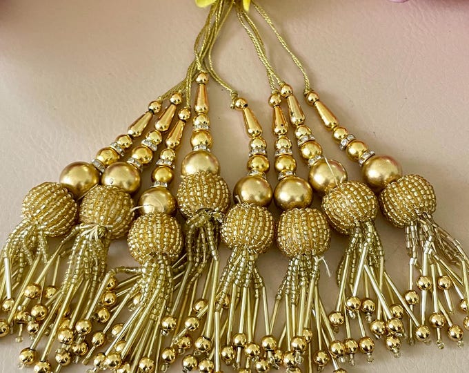 Gold Beaded Latkan Pair | Designer Tassels with Dangling Beads | Set of 2 Tassels