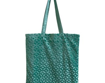 Teal Velvet Tote Bag | Embossed Geometric Pattern Shoulder Bag