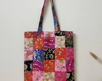 Handgemachte Brokat Patchwork Einkaufstasche | Upcycled Boho Einkaufstasche