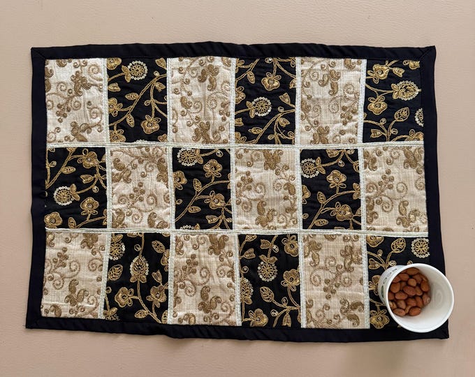 Black & Gold Embroidered Placemat, Patchwork Table Mat