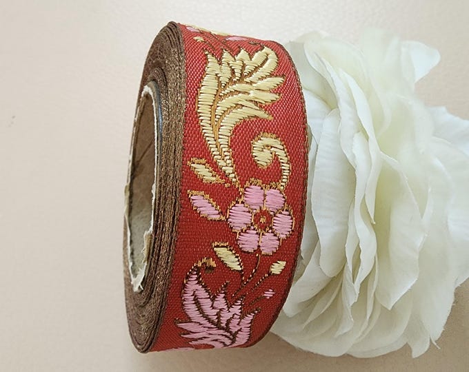 Red Gold Floral Embroidered Trim, Indian Sari Border, 9 Yards