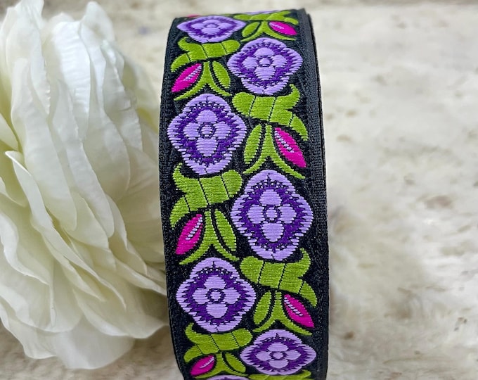 Embroidered Floral Ribbon, Black Purple Green Ethnic Trim, 9 Yards
