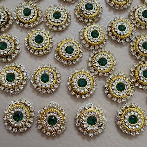 25pc Emerald Green & Gold Crystal Patches, Round Beaded Appliques for Kaftans, Jewelry Making, DIY