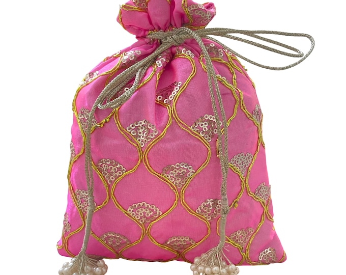 Pink Embroidered Potli Bag | Silk Wedding Favor Pouch