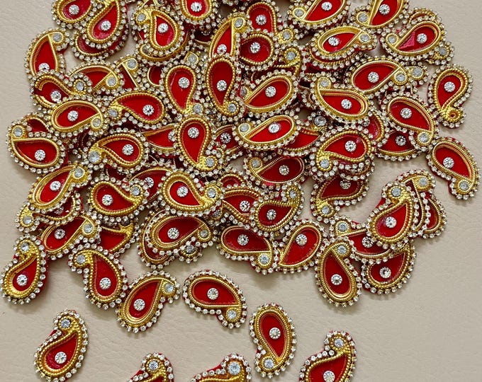 Red Rhinestone Paisley Appliqués Set of 25 handmade patches  Indian Craft and Dress Making Supply