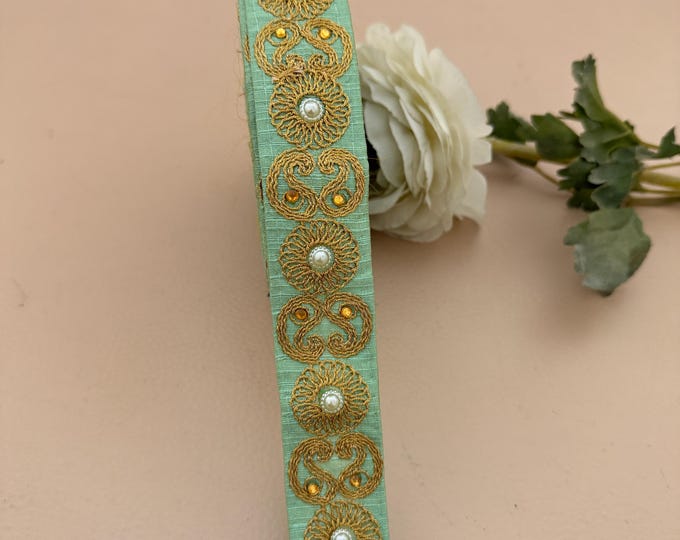 Mint Green & Gold Embroidered Lace Trim – 9 Yard Roll