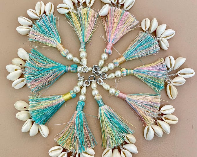 Cowrie Shell Tassels – Multicolor Silk Thread with Pearl Beads, Boho Decor (10 Pack)
