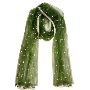 Mehndi Green Dupatta for Lehenga Embroidered Net Dupatta Ethnic Wedding Accessory Women&#39;s Sheer Scarf