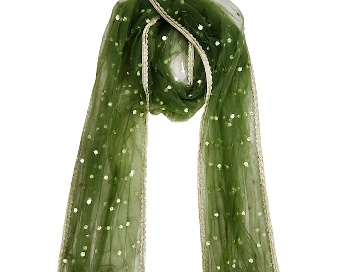 Mehndi Green Dupatta for Lehenga Embroidered Net Dupatta Ethnic Wedding Accessory Women's Sheer Scarf