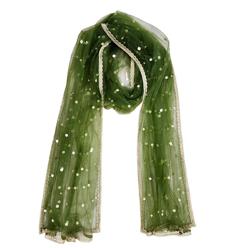 May include: A green sheer scarf with gold sequins and a gold trim.