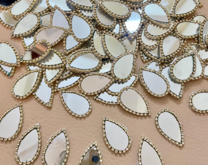 Teardrop Mirror Appliqué | Gold Stone Border, Indian Craft (Pack of 25)