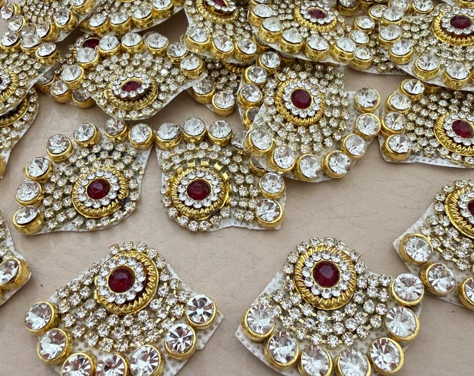 Gold Rhinestone Applique Patch – Red Stone Bridal Motif, Pack of 10