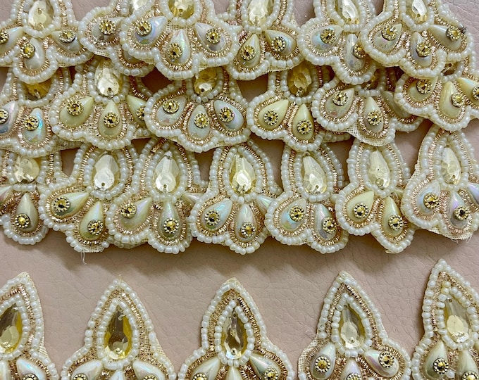 Pack of 5 Cream & Gold Beaded Patches, Pearl and Crystal Floral Appliques, Motifs Crafts, and DIY Projects