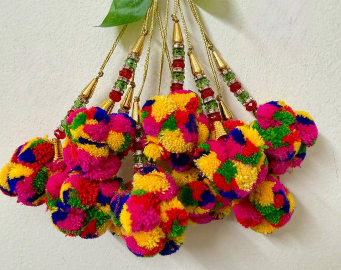 Pack of 2 Multicolor Pom Pom Tassel Latkan | Boho Lehenga Blouse Hanging
