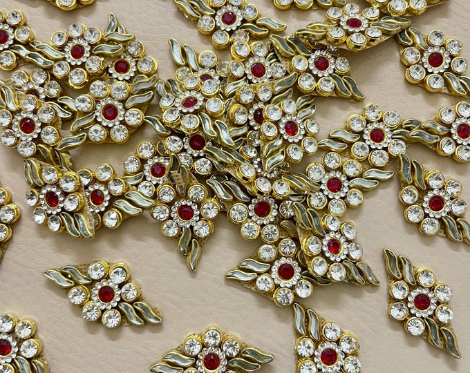Pack of 10 Red & Clear Kundan Rhinestone Patches, Gold Floral Zardosi Appliques, Indian Ethnic Embroidery Patches