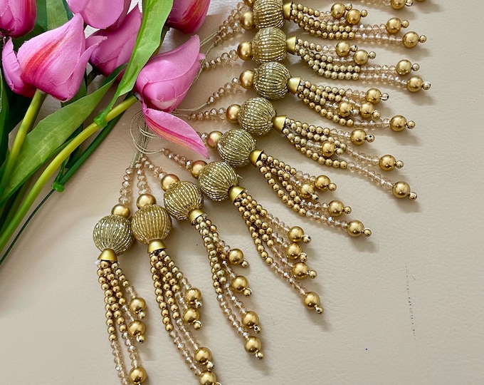 Set of 2 Gold Beaded Latkan Tassels for Blouse, Traditional Indian Garment Tassels, Bridal Lehenga Hangings
