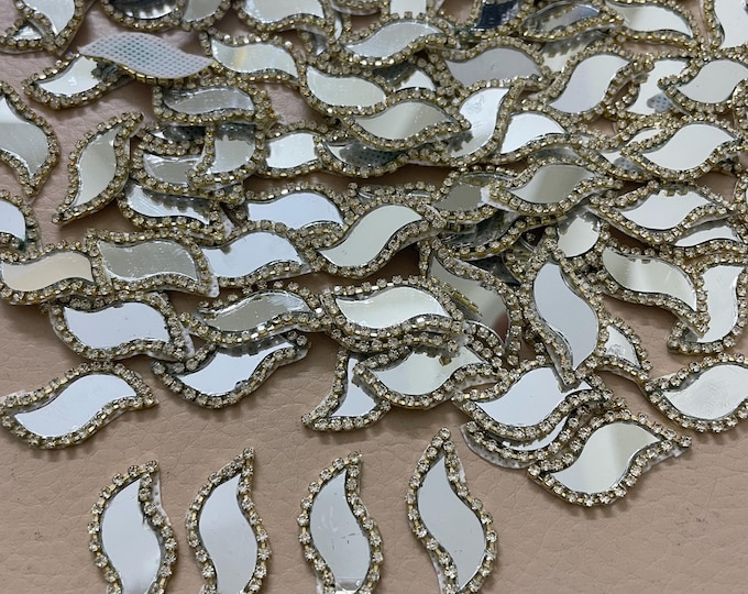 25pc S Shape Real Mirror Patches with Rhinestones, Silver Appliques