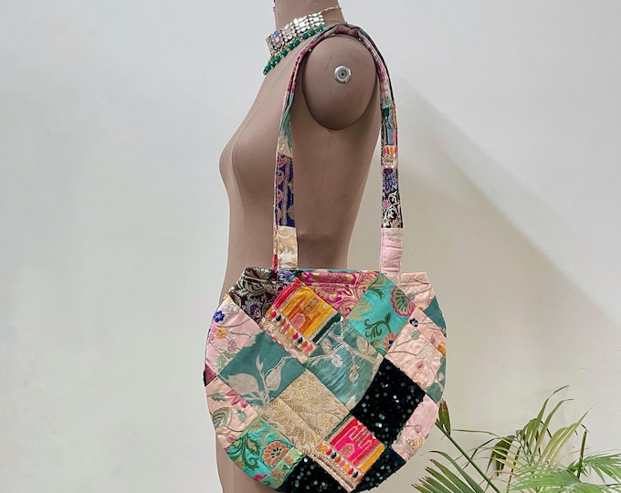 Pastel Patchwork Round Hobo Bag, Upcycled Sari Silk, Bohemian Tote