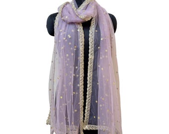 Dusty Mauve Net Dupatta with Gold Gota Patti and Sequins – Indian Wedding Stole