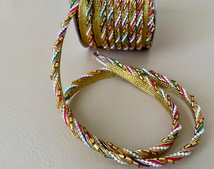 Colorful Beaded Trim Golden Lipcord Braided Edging Lace DIY Crafting, Festival Decor - 9 Yards