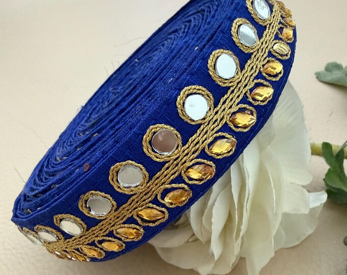 Blue Mirror Work Trim, Gold Stone Embroidered Lace, Ethnic Sewing Border - 9 Yards Roll