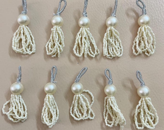White Pearl Beaded Tassel – Pack of 10 | Bridal Lehenga Dupatta Latkan | Handmade Seed Bead Tassels