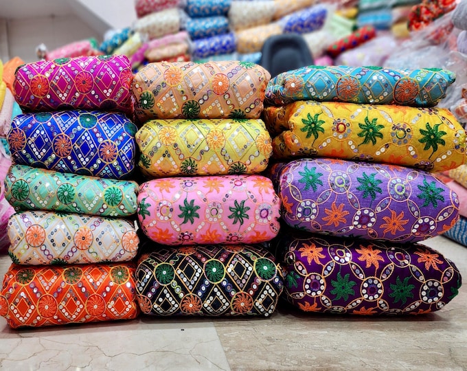 Sequin Thread Embroidered fabric by the yard art silk material 44” wide Indian designer dress material by yards