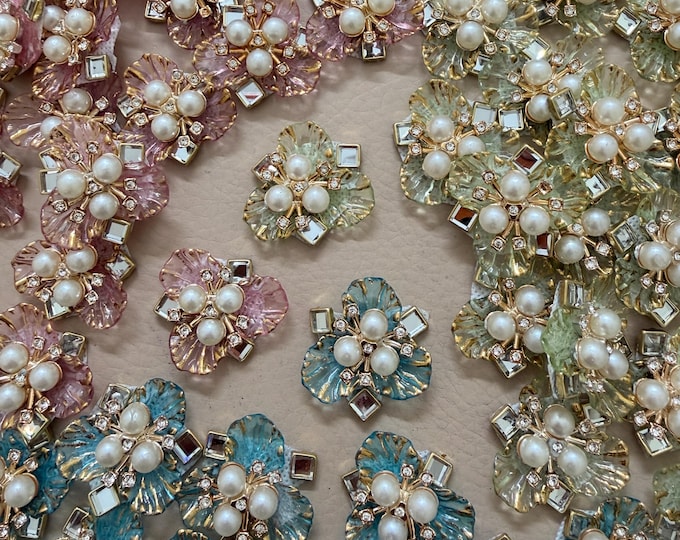 Pastel Floral Appliques Gold Foil Flower Charms with Pearls & Rhinestones – Pack of 5