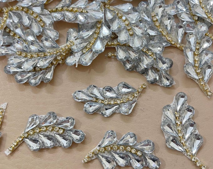 Crystal Leaf Appliques, Silver Rhinestone Bridal Motifs (10 Pcs.)