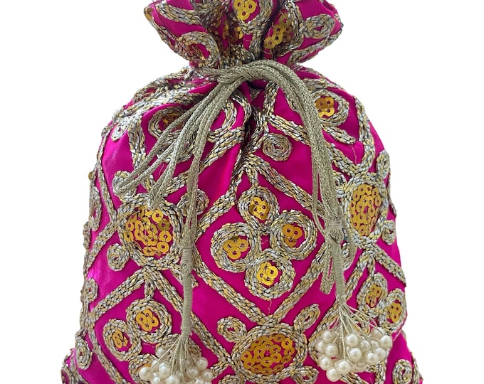 Embroidered Hot Pink Potli Bag: Indian Wedding Favor with Pearl Tassels