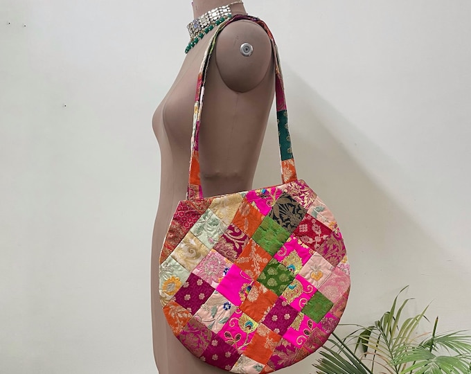 Tote Bag Round Shape : Upcycled Patchwork Fabric Shoulder Bags