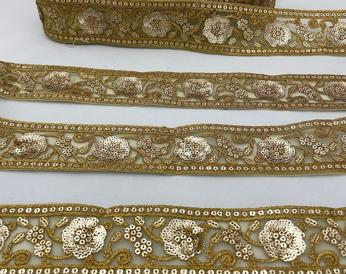 Gold Embroidered Floral Lace Trim with Sequins: Indian Sari Border