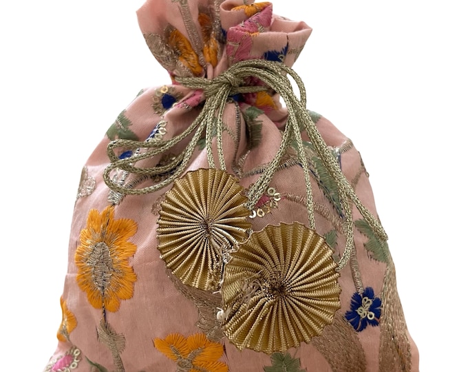 Small Handbag Wedding Favor Embroidered Pouch Bag with Drawstring Closure