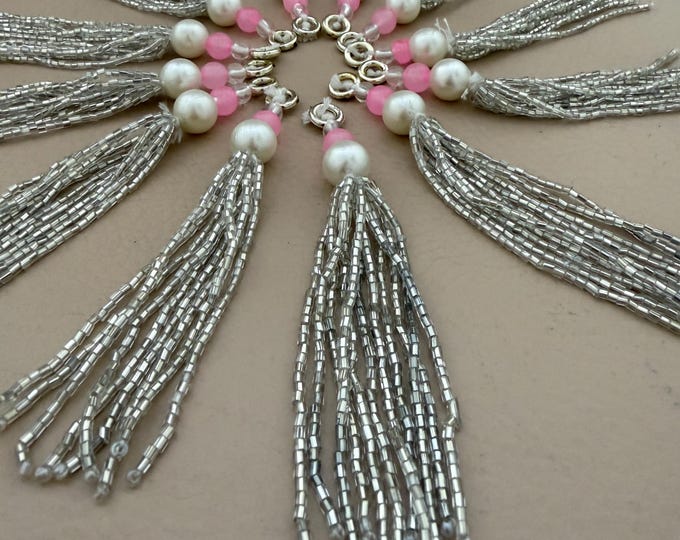 Silver Beaded Tassels with Pink Pearl Accents, Jewelry Making Charms (Set of 2 Tassels)