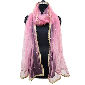 Sequin Embroidered Pink Net Dupatta for Women, Wedding Shawl, Party Scarf, Formal Evening Wrap, Bridal Veil