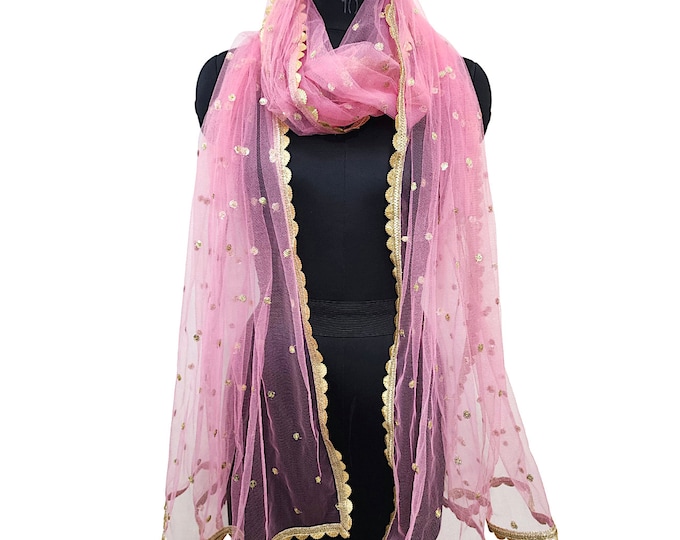 Sequin Embroidered Pink Net Dupatta, Lace Border Wedding Shawl