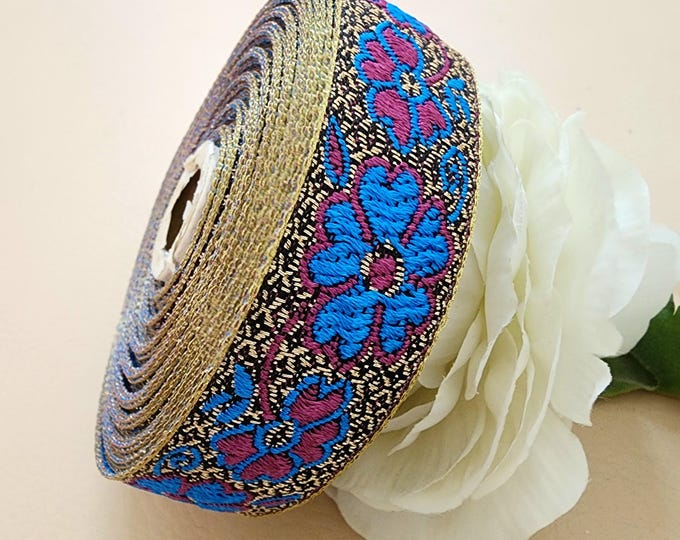 Floral Jacquard Trim, Blue Magenta Gold Saree Border, 9 Yards