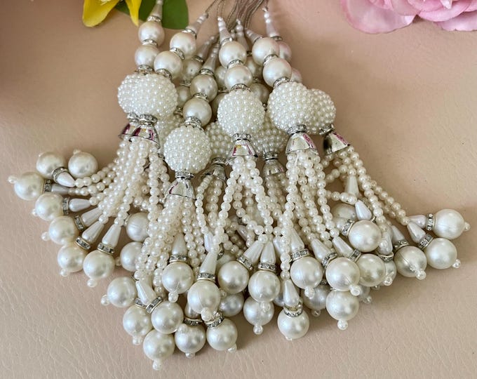 Pearl Tassels Pair | Bridal Lehenga, Silver-Tone, 6" Long Set of 2 Tassel