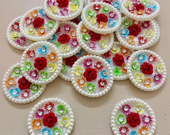 Pearl Beaded Floral Appliques | Red Rose Rhinestone Embellishments, Pack of 5
