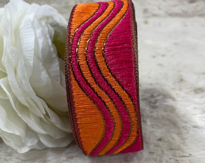 Woven Abstract Ribbon Trim, Hot Pink, Orange, Gold, 9 Yards