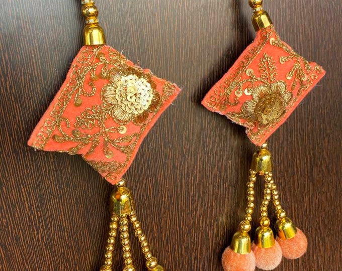 Peach Embroidered Tassel Latkan Pair, Lehenga Dress Embellishment Set of 2 Tassel
