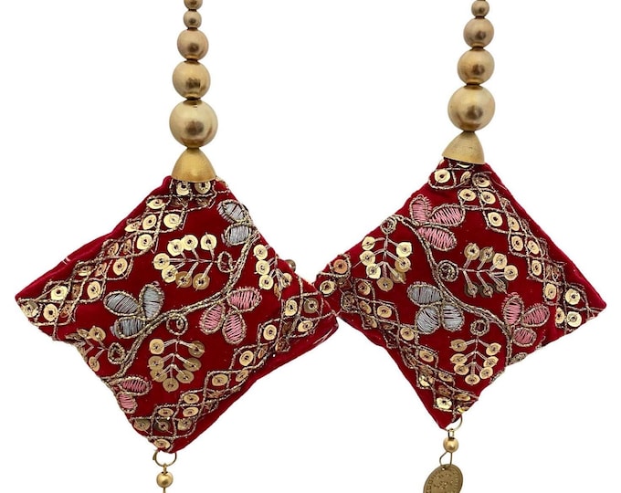 Red Velvet Indian Tassels with Sequins | Set of 2